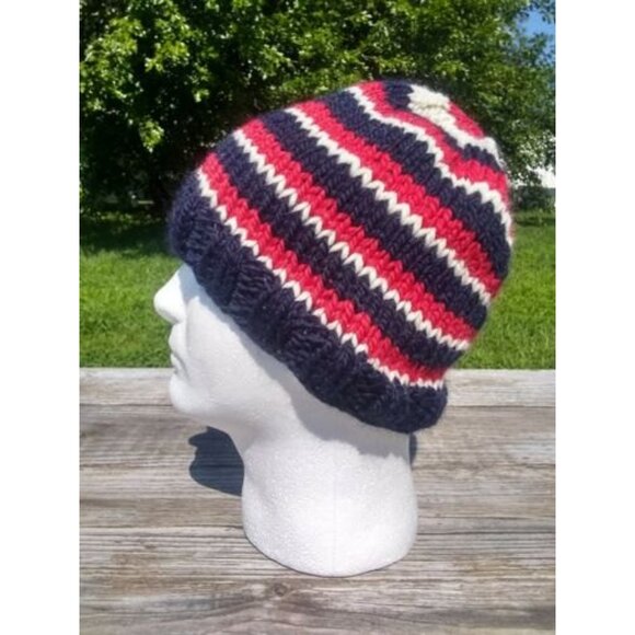 Handmade Mens Beanie Hat Alpaca Wool Cap Soft Chunky Knit Red White Blue USA - Picture 2 of 11